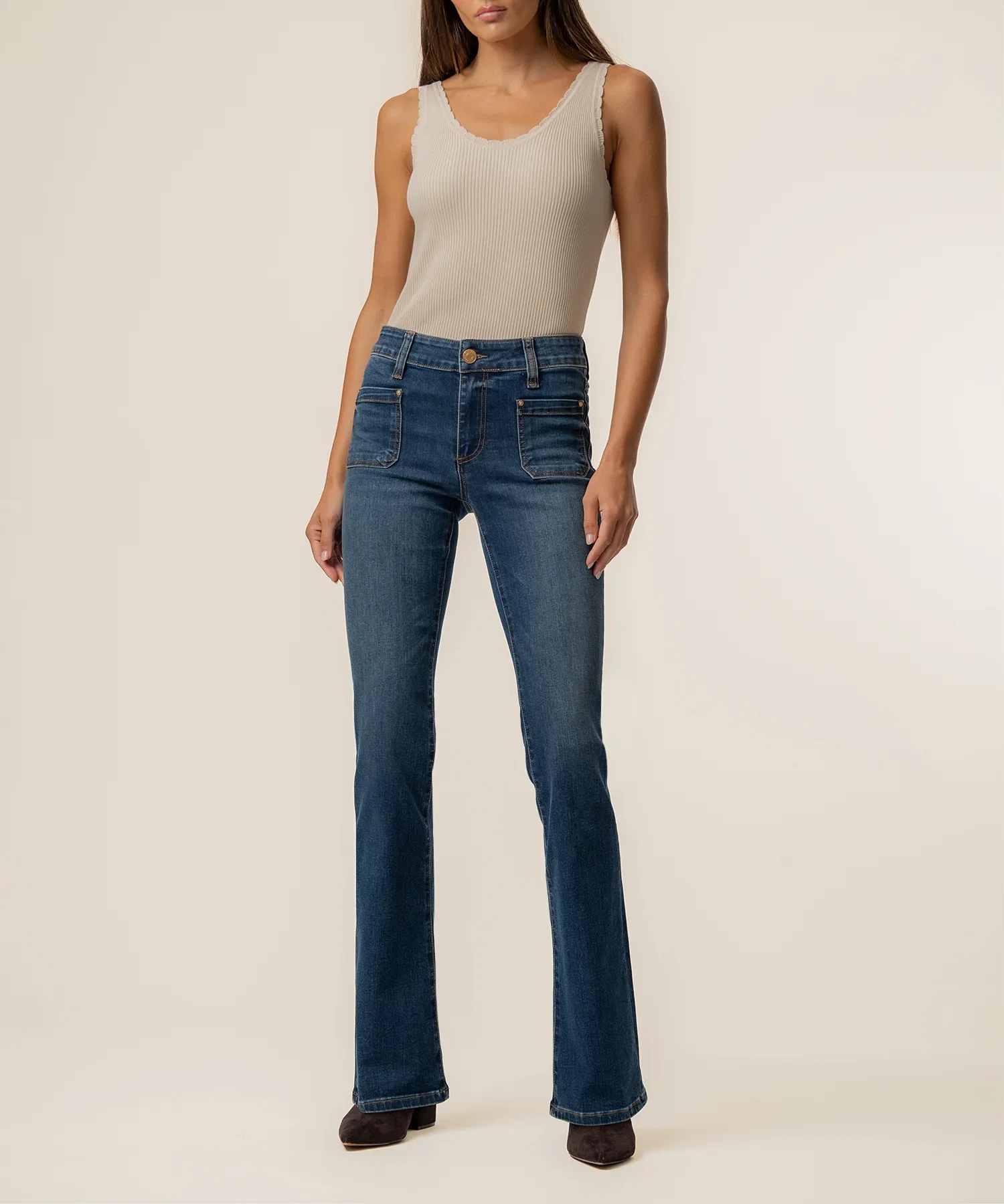 Image of Natalie Mid Rise Flare, Petite in Champ Wash