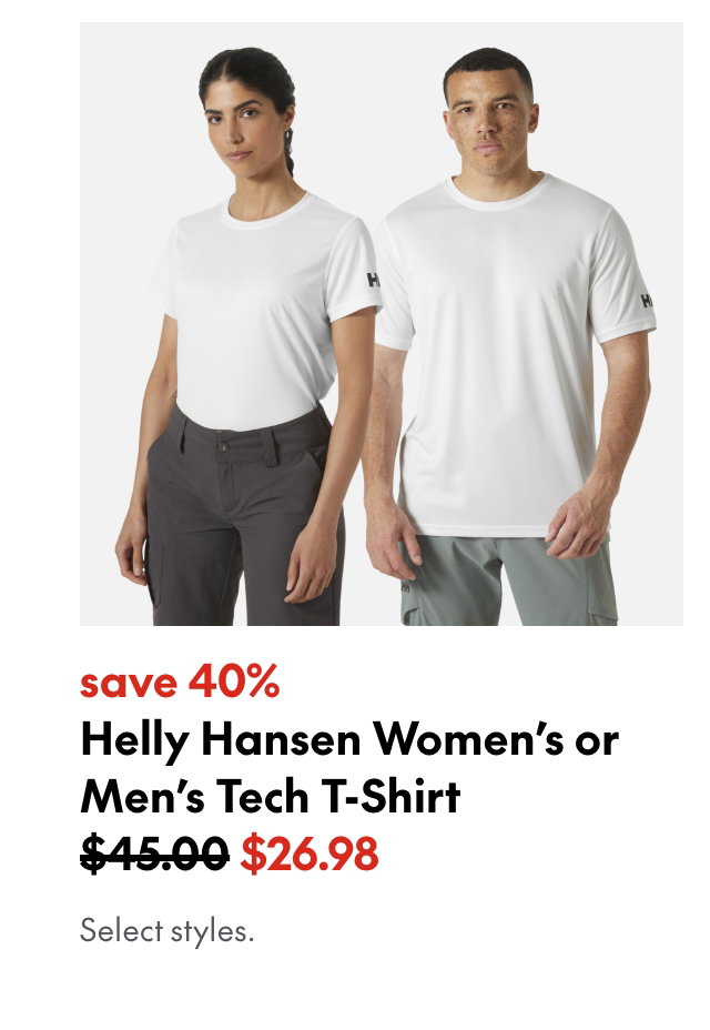 Helly Hansen Women's or Men's Tech Tshirt
save 40%
45.00 (Strikethrough)
26.98
Select styles.