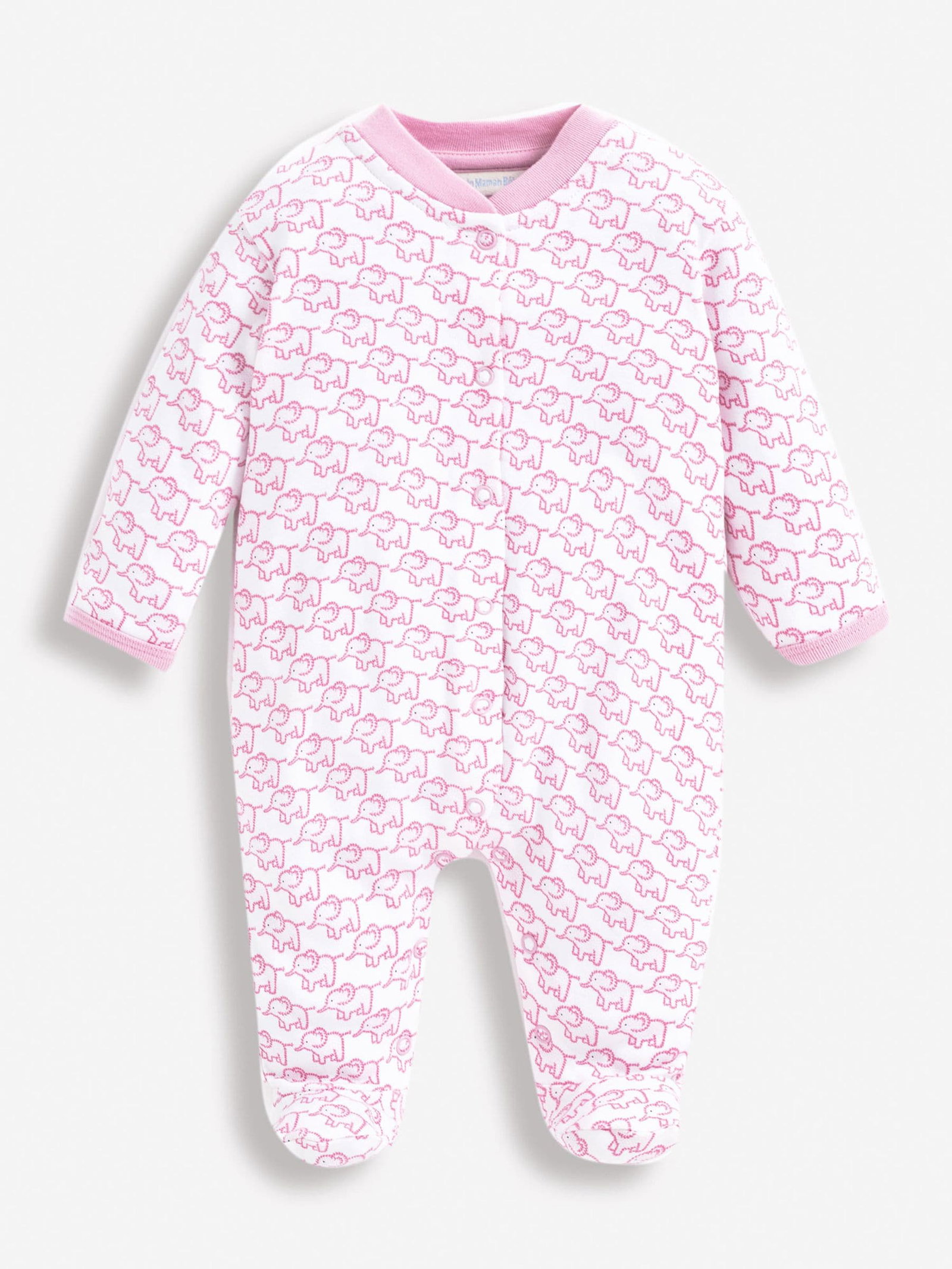 JoJo Maman Bébé Baby Pink Little Elephant Cotton Baby Sleepsuit