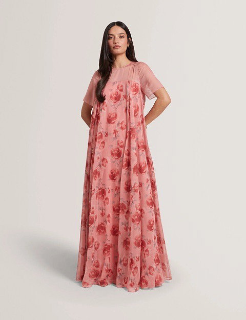 Rose Print Short Sleeve Trapeze Maxi Dress