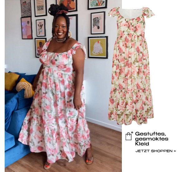 Gestuftes, gesmoktes Kleid in Weiß mit Blumenmuster
