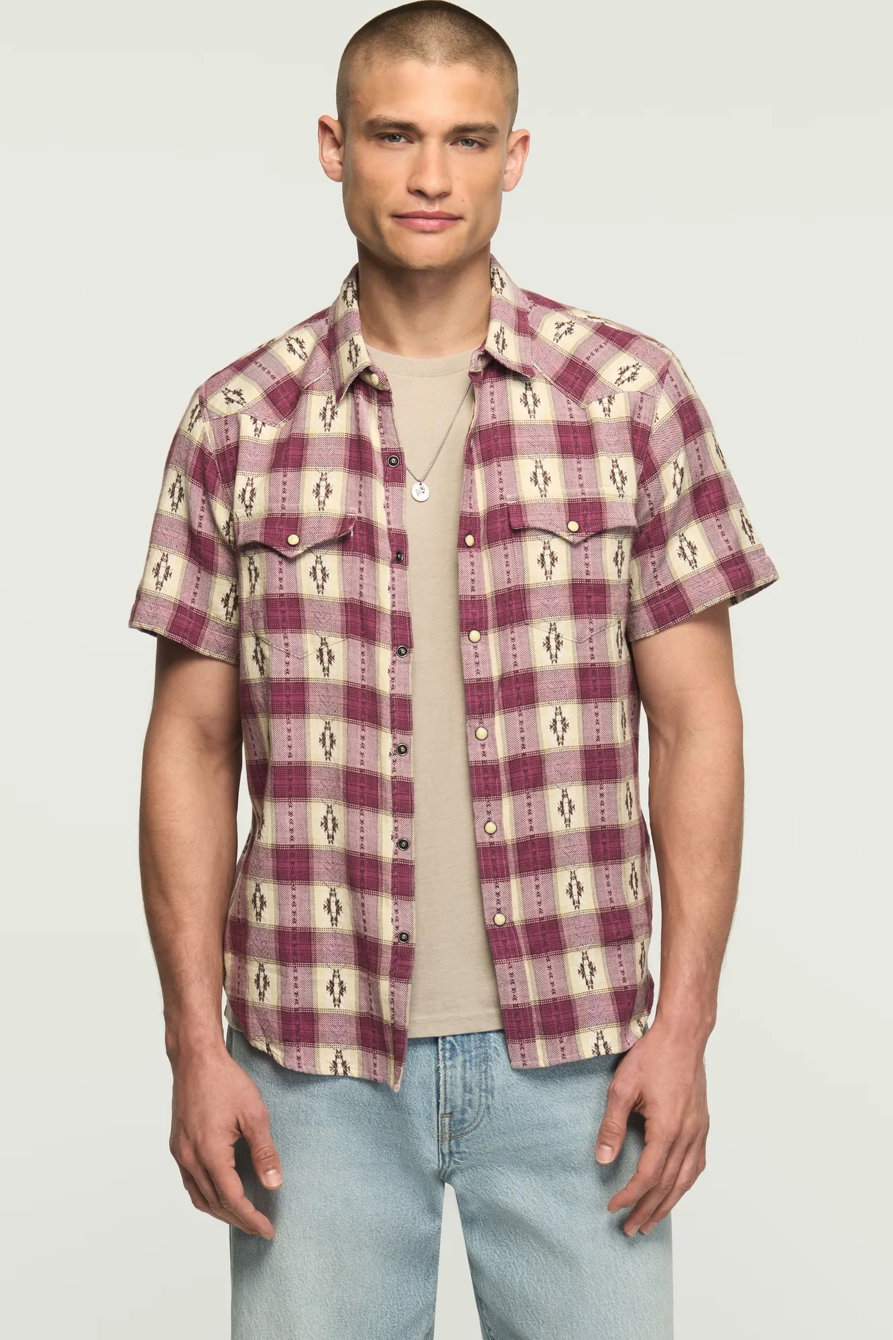 Image of Lucky Brand Short Sleeve Mesa Western Jacquard Shirt - Men's Clothing Outerwear Shirt Jackets in Magenta Plaid