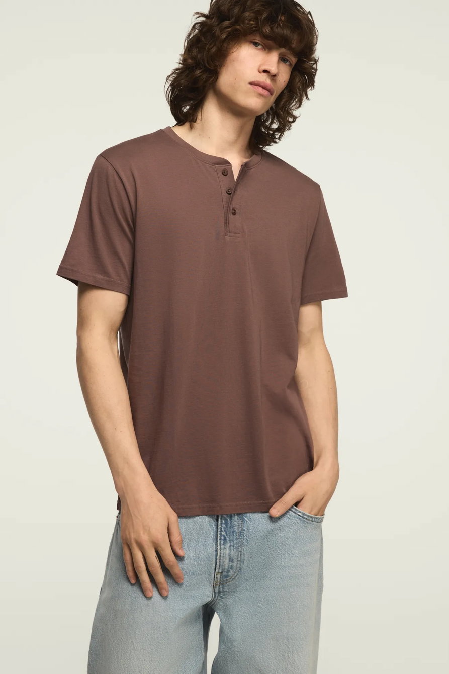 Image of Lucky Brand Supima Short Sleeve Henley - Men's Clothing Tops Tees Henley Shirt in Jet Black