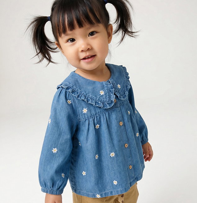 Denim blouse with long sleeves for baby girls - stone