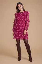 Petite Berry Ditsy Patchwork Frill Yoke Printed Chiffon Mini Dress