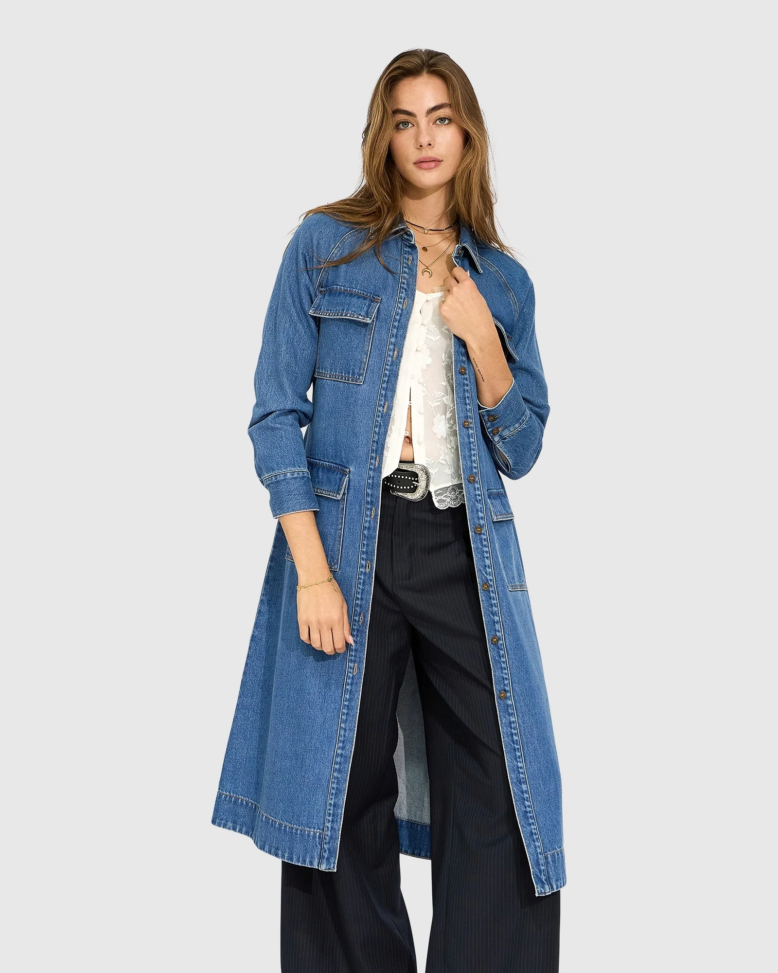 Image of See Through You Midi Belted Trench Dress - Mid Blue
