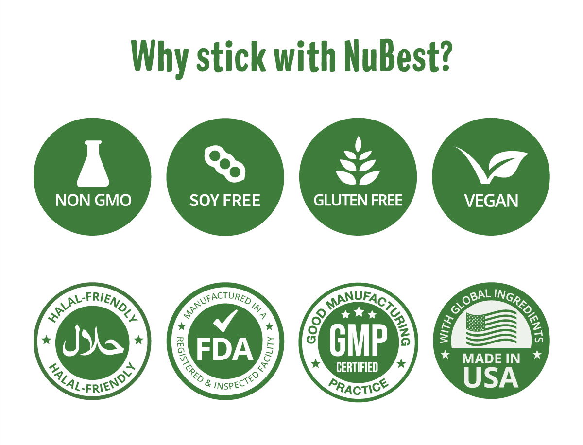 Why stick with NuBest? Non-GMO, Soy-free, Gluten-free, Vegan, Halal-friendly, FDA registered, GMP-certified, Made in USA.