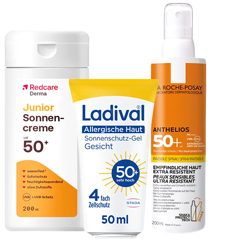 Sonnenschutz-Produkte für Kinder und empfindliche Haut von Redcare, Ladival und La Roche-Posay.