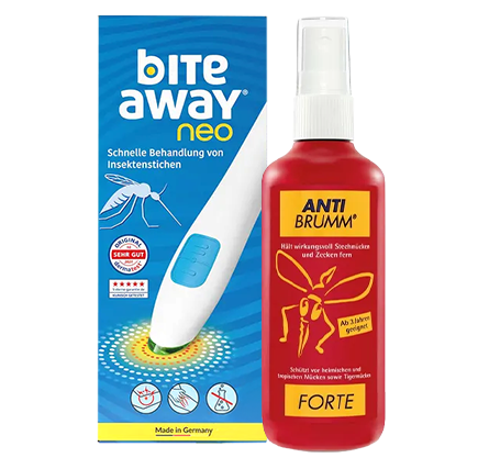 Produkte zum Schutz vor Mückenstichen und zur Behandlung von Insektenstichen von bite away und Anti Brumm.