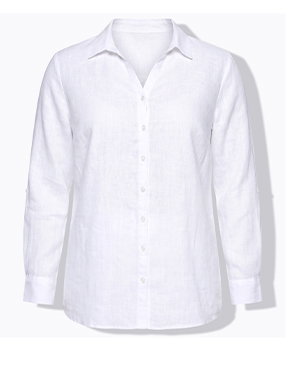 Linnen blouse met open overhemdkraag en lange mouwen met manchetten en turn-up. Zijsplitten.