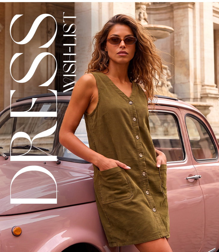 Cotton V-Neck Button Pocket Dress
