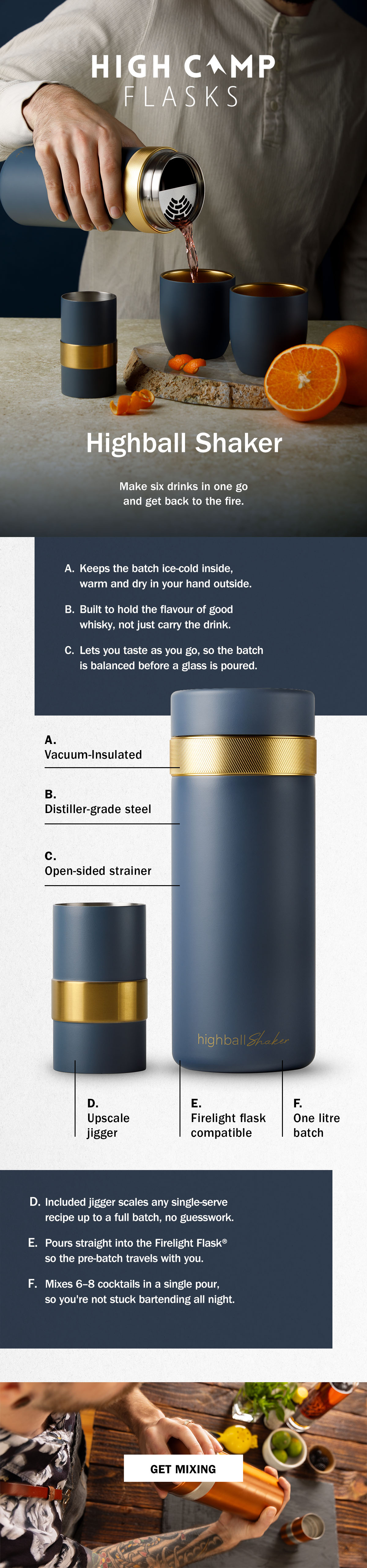 High Camp Flasks Highball Shaker | Premium Stainless Steel Vacuum Mixer Flask