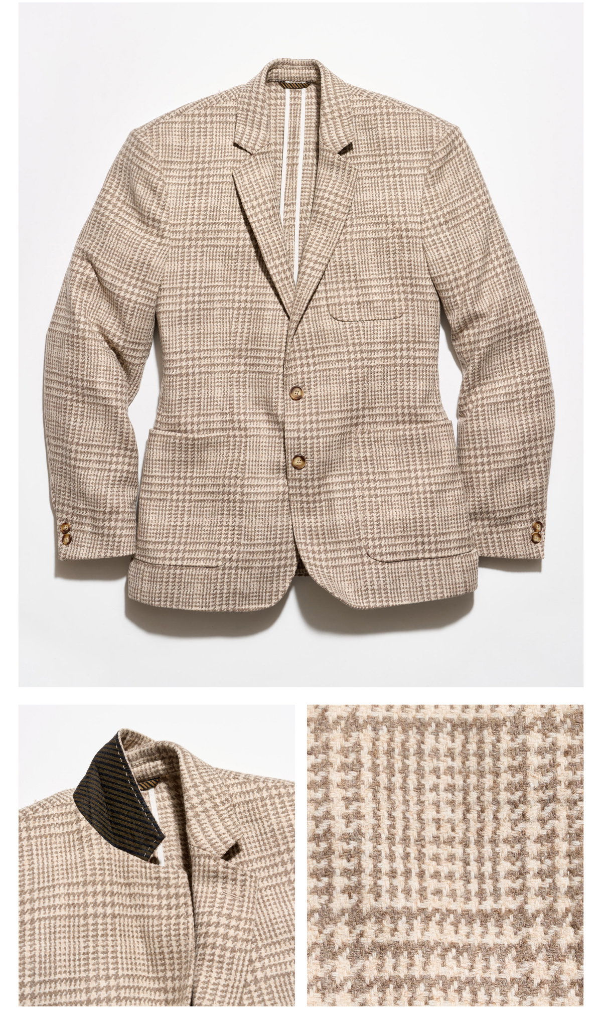 A brown plaid blazer with tortoise horn buttons against a solid grey background.