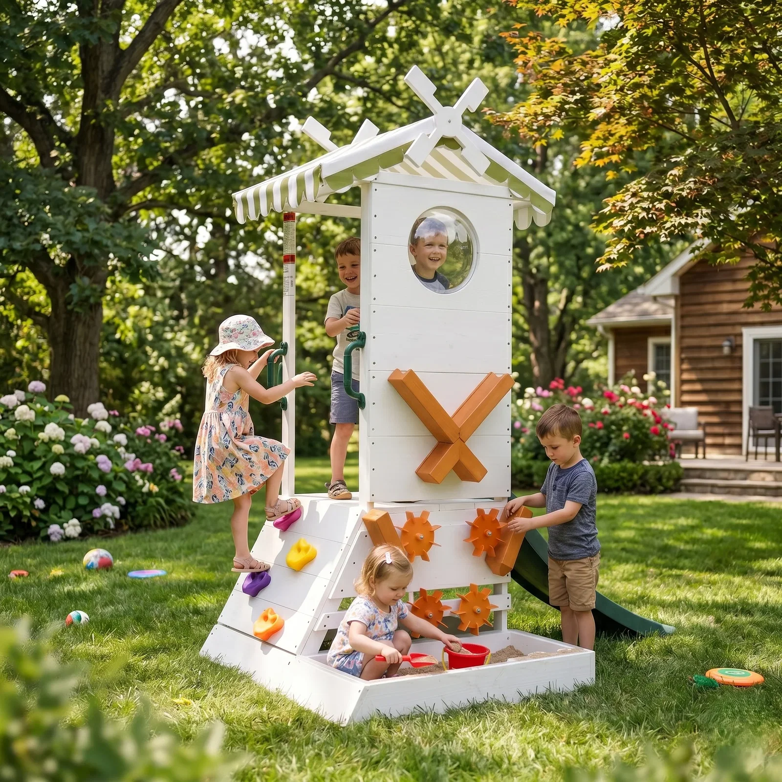 Image of Aloe Wooden Outdoor Playhouse – Slide, Water Wheel Station & Steering Wheel for Toddlers