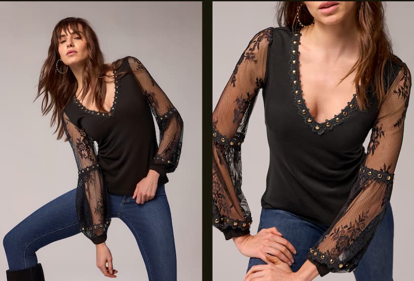 V Neck with Lace and Stud Trim