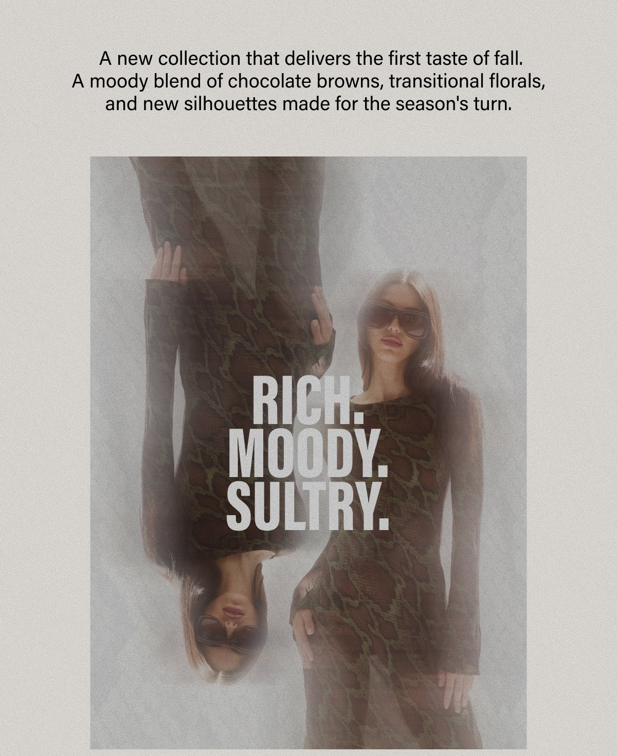  A new collection that delivers the first taste of fall. A moody blend of chocolate browns, transitional florals, and new silhouettes made for the season's turn. RICH. MOODY. SULTRY