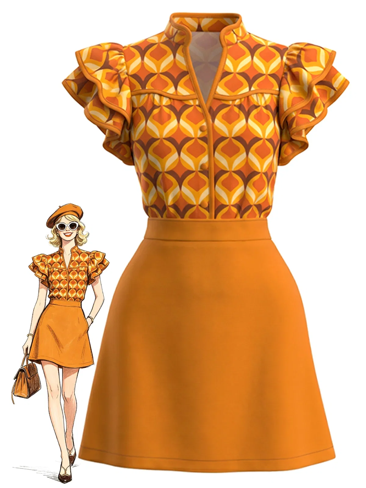 [Pre-Sale] Orange 1960s Geometric Print Ruffle Stand Collar Dress