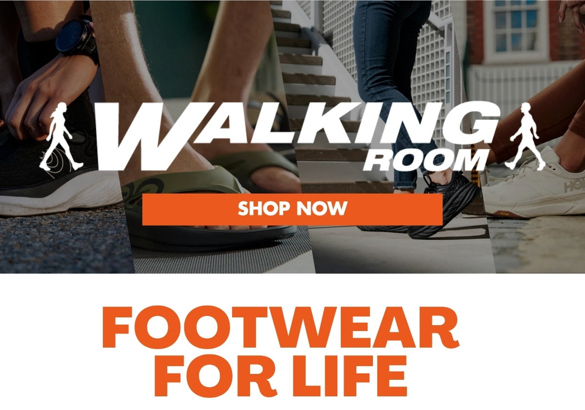 Walking Room Logo with various shoes in background