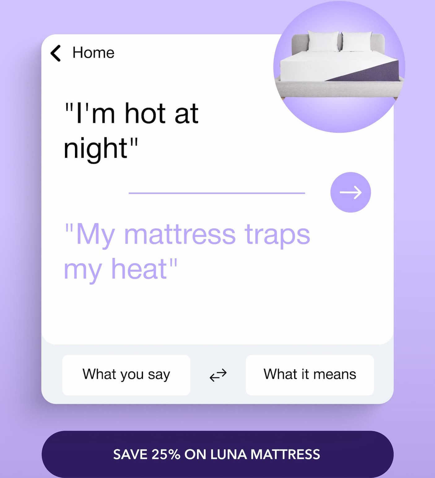 "I'm hot at night" "My mattress traps my heat" What you say What it means Save 25% on Luna Mattress