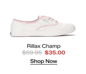 A side view of the Rillax Champ Washed Twill Pop Binding Slip-On in snow white/pink which was $59.95 and is now $35.00 for a limited time. Shop Now.