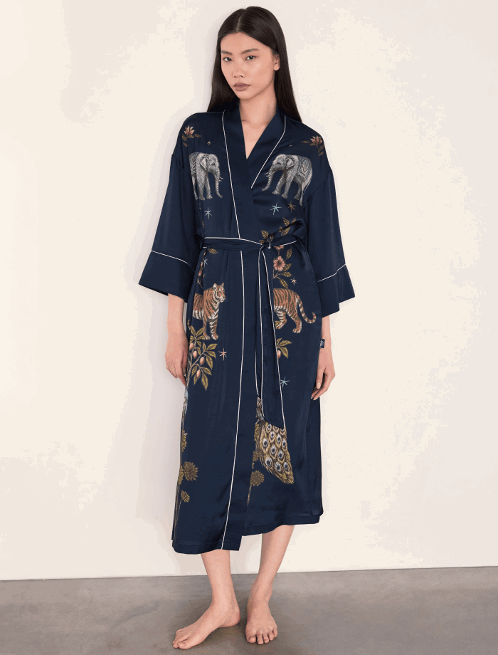 Satin Twilight Safari Print Kimono Dressing Gown