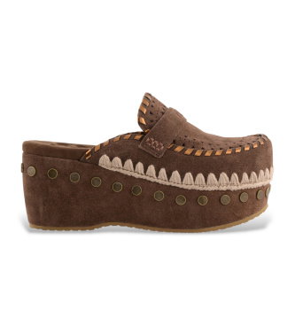 Zuecos de piel Clog overstitching marrón