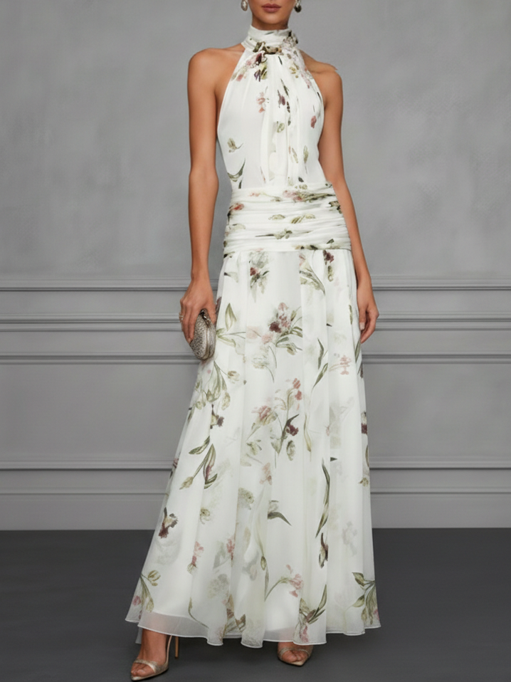 White Ruched Floral Chiffon Halter Neck Sleeveless A-Line Floor-length Gown Dress