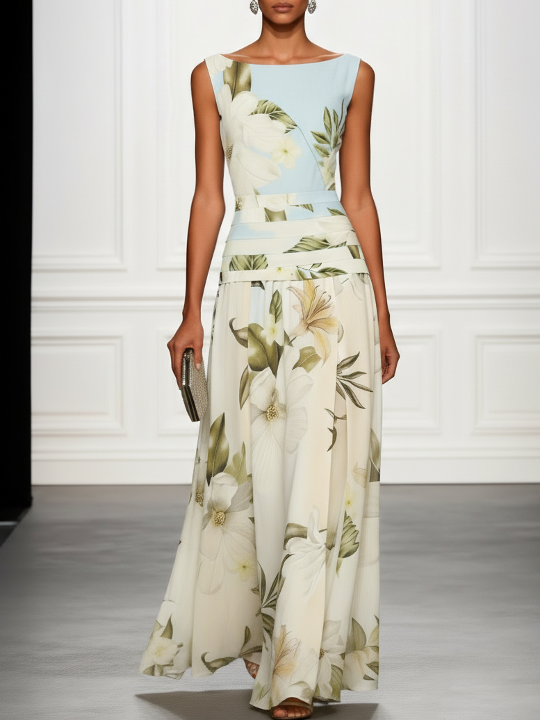 Light Blue Floral Ruched Classic Boat Neck Sleeveless A-Line Floor-length Gown Dress