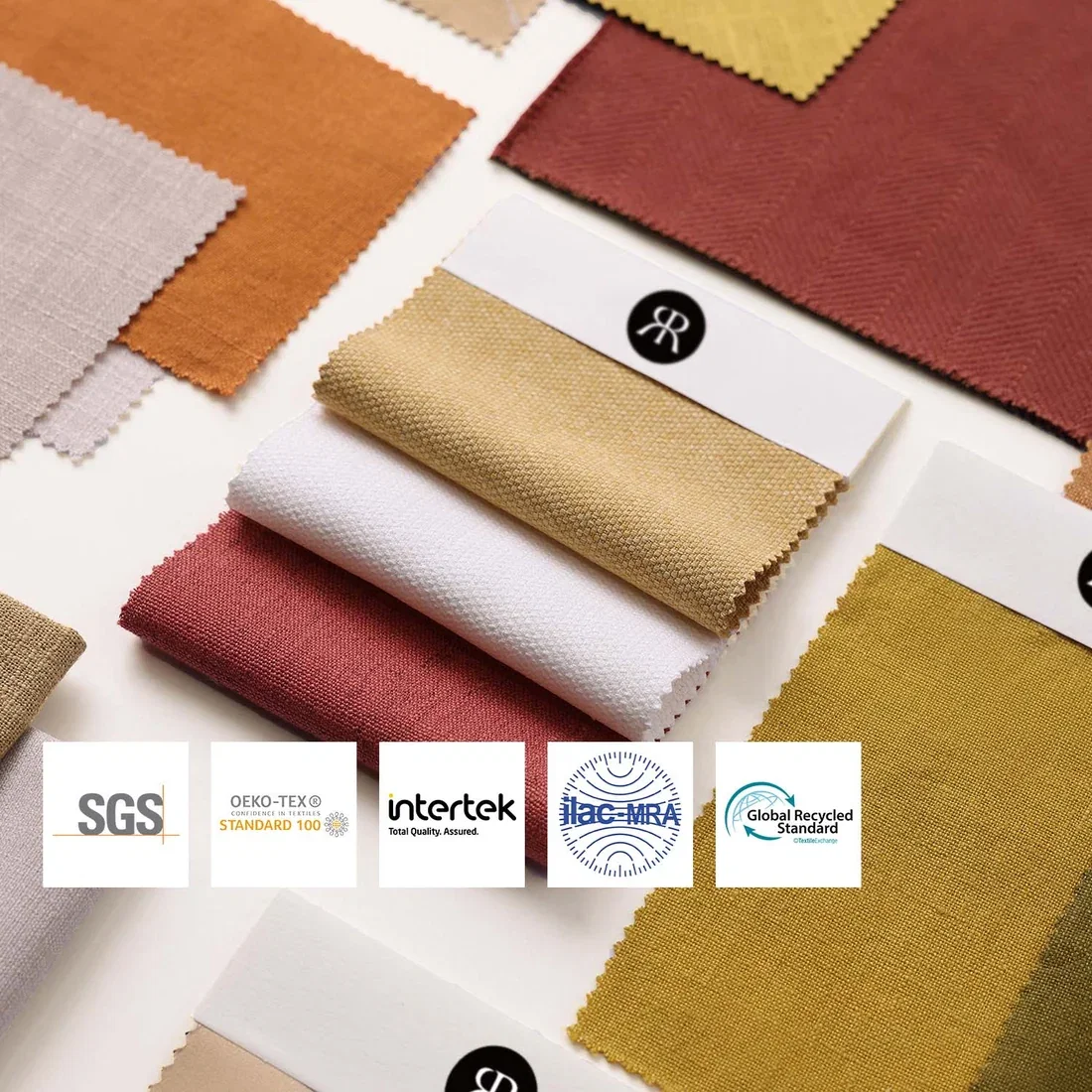 Curtarra free fabric swatches flat-lay with quality certifications