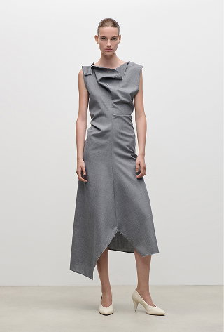 Draped Tailored Midi Dress In Light Grey Melange