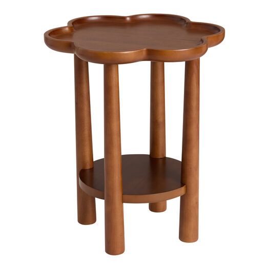 Posey Hazelnut Wood Scalloped Pillar Leg Side Table with Shelf