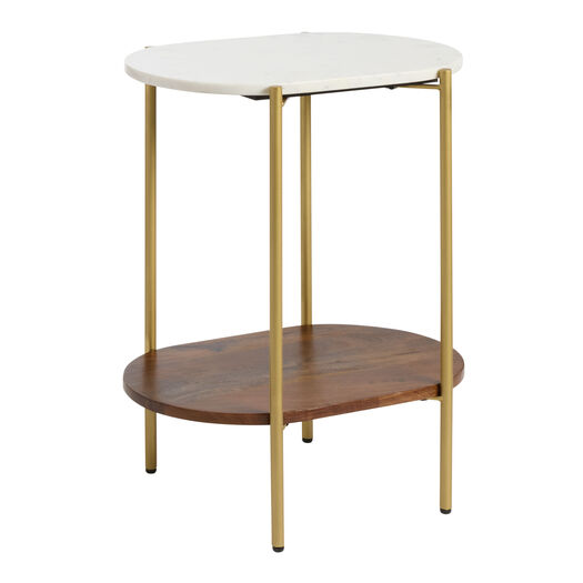 Reggio Oval White Marble and Wood End Table with Shelf