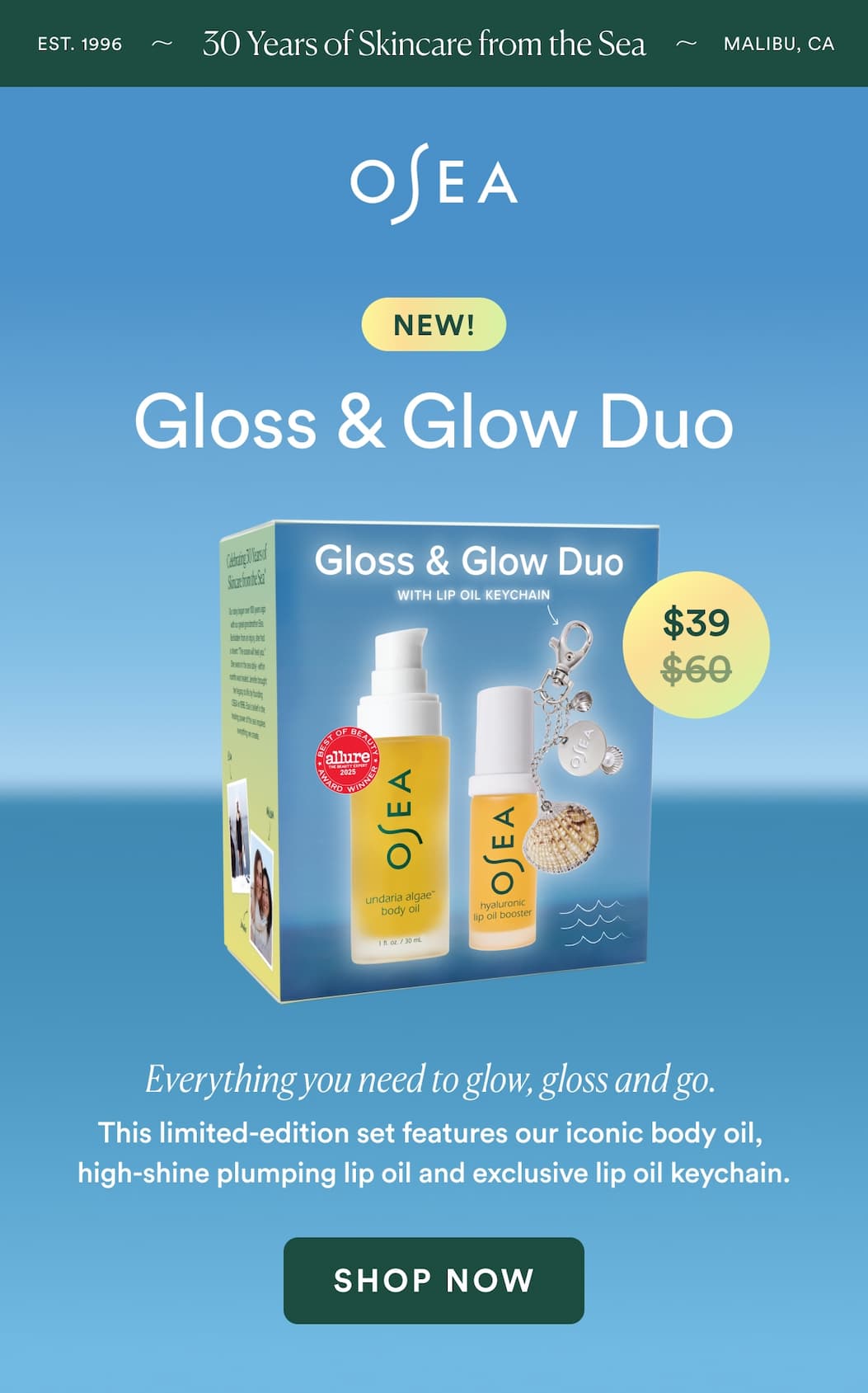 Gloss & Glow Duo : Everything you need to glow, gloss and go. This limited-edition set features our iconic body oil, high-shine plumping lip oil and exclusive lip oil keychain.