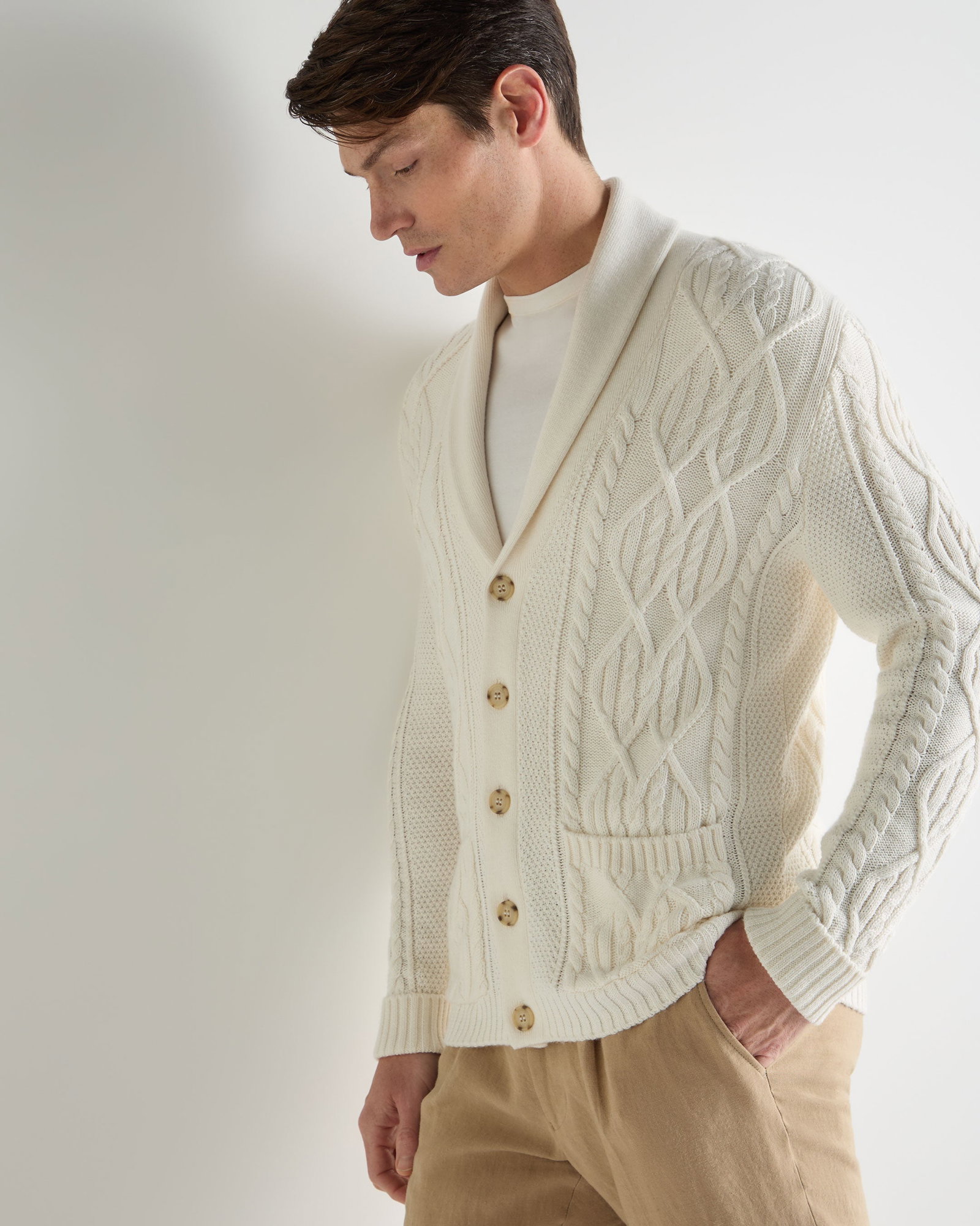 Men's Cable Shawl Cotton Blend Cardigan