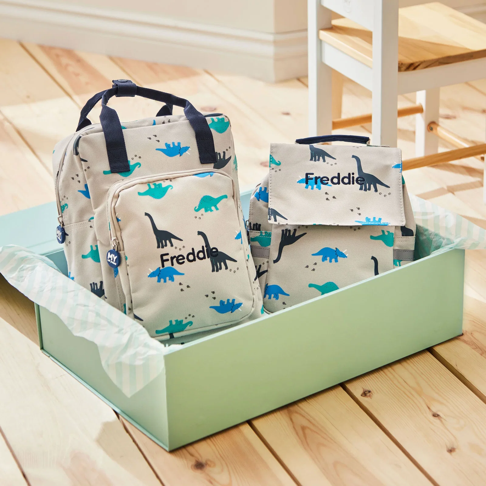 Image of Personalised Grey Dinosaur Backpack & Lunch Bag Set