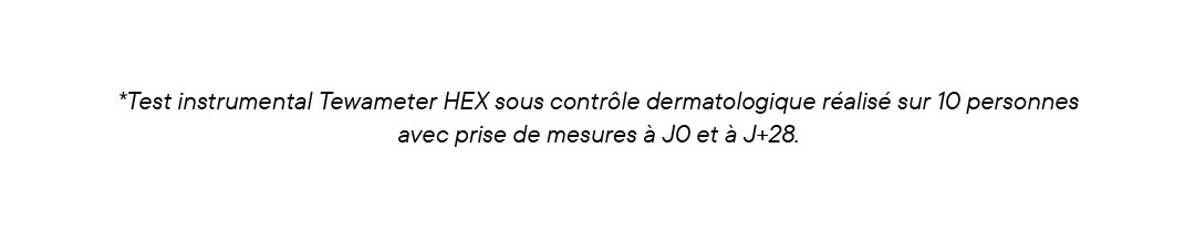 * Test clinique sous contrôle dermatologique réalisé sur 20 personnes (hommes & femmes), % de satisfaction, résultats à J+28. ** Test instrumental Mexameter MX18 sous contrôle dermatologique réalisé sur 10 personnes avec prise de mesure à J0 et à J+28.