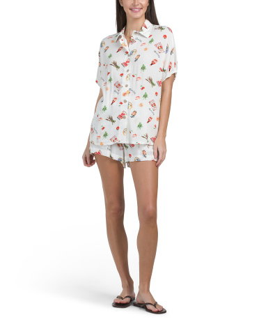 2Pc Bodega Print Top And Shorts Set, Rayon