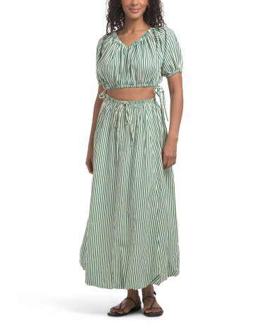 2Pc Striped Set With Bubble Maxi Skirt, Cotton/Polyester