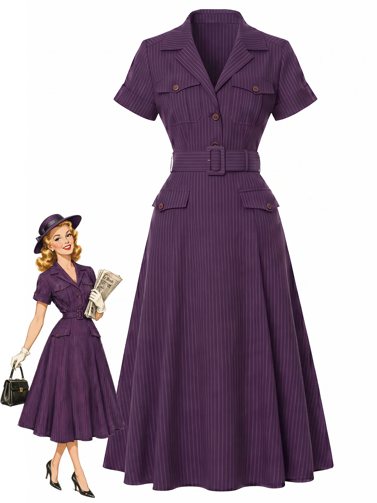 [Pre-Sale] Deep Purple 1940s Pinstripe Belted Shirt Collar Midi Dress
