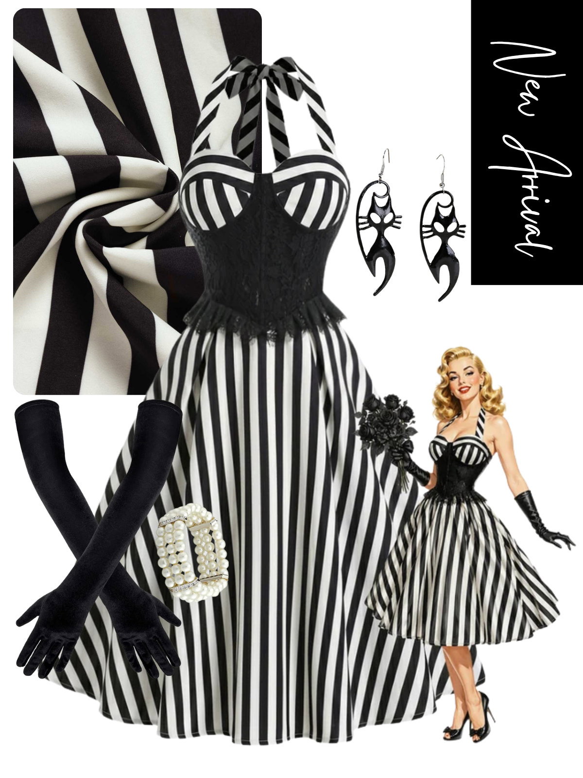 [Pre-Sale] Black 1950s Lace Panel Striped Halter Swing Dress