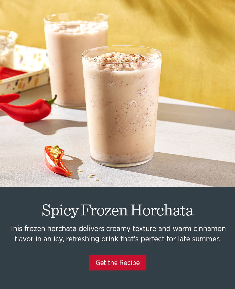This frozen horchata delives creamy texture and warm cinnamon flavor in an icy, refreshing drink that's perfect for late summer.