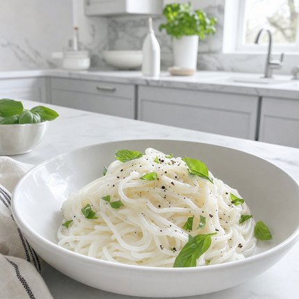 A bowl of egg white noodles with smoked salmon and dill