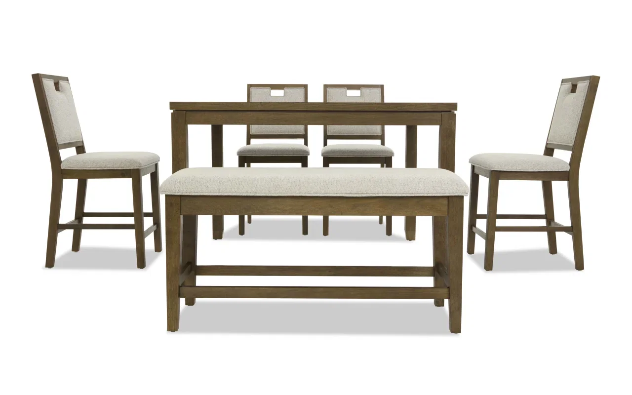 Brookline 6 Piece Brown & White Upholstered Counter Height Square Dining Set with Storage Bench