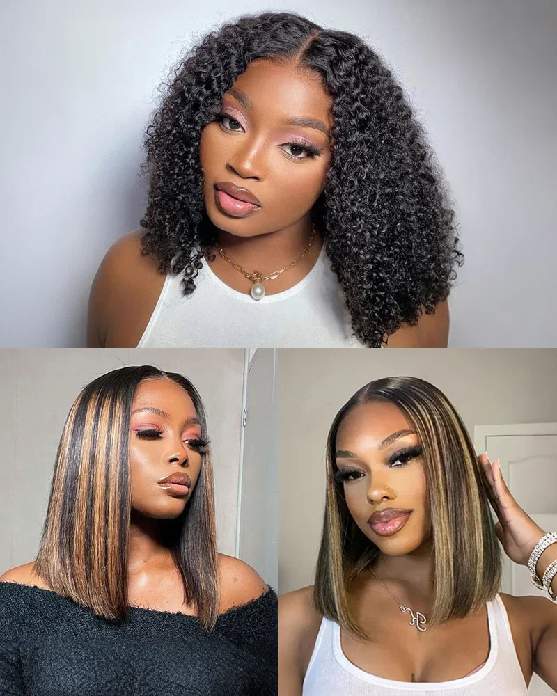 Arabella $89 Final Deal Price 12 Inch 6x5 Glueless Lace Balayage Highights/Natural Black/Auburn Highlights On Black Straight/Deep Curly Bob Wig
