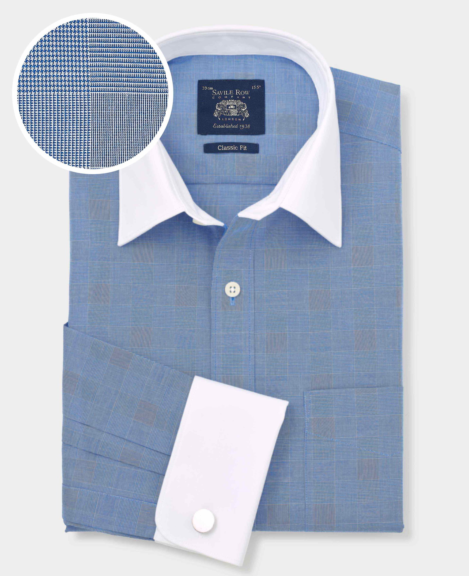 Image of Navy Cotton Prince of Wales Check Classic Fit Winchester Formal Shirt - Double Cuff