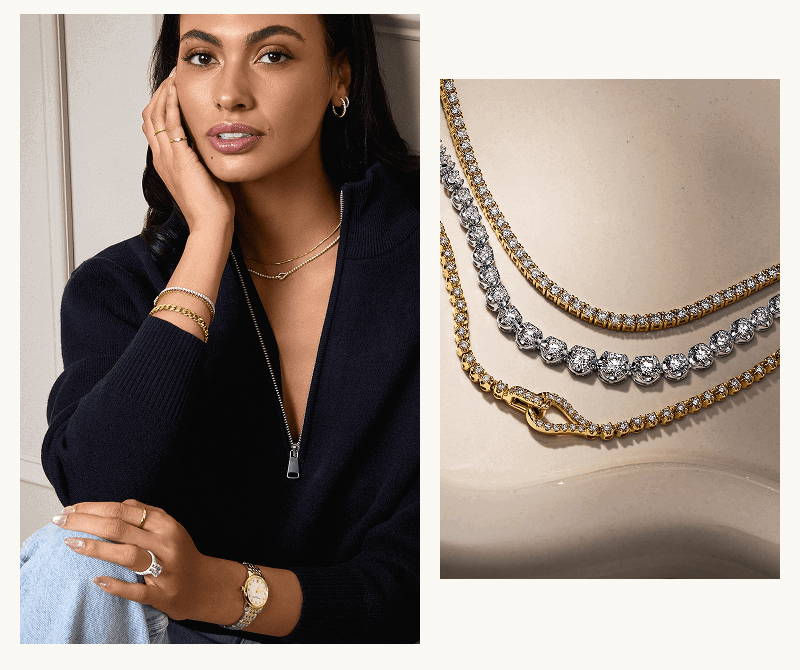 Model layered in gold & diamond jewelry, paired with detailed close-up of tennis necklaces in different metals.
