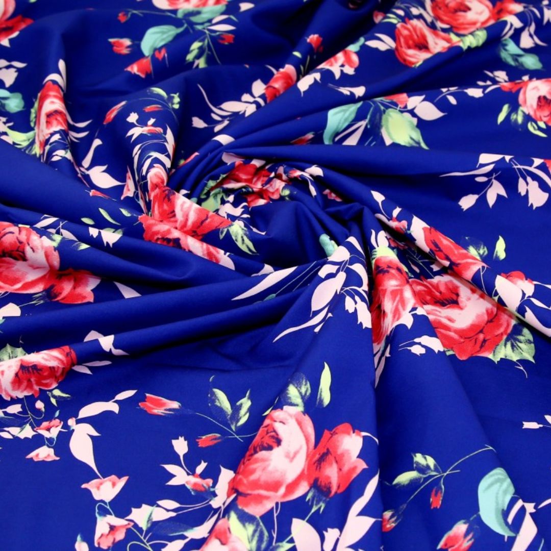 Deadstock Digital Print Smooth Crepe Fabric Royal Blue