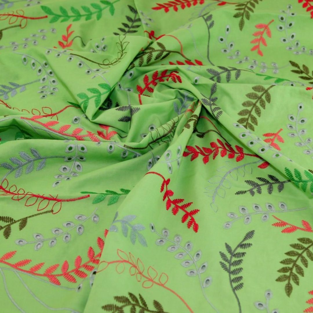 Deadstock Embroidered Cotton Lawn Fabric Green