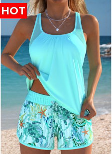 Tummy Coverage Cyan Marine Life Print Tankini Set