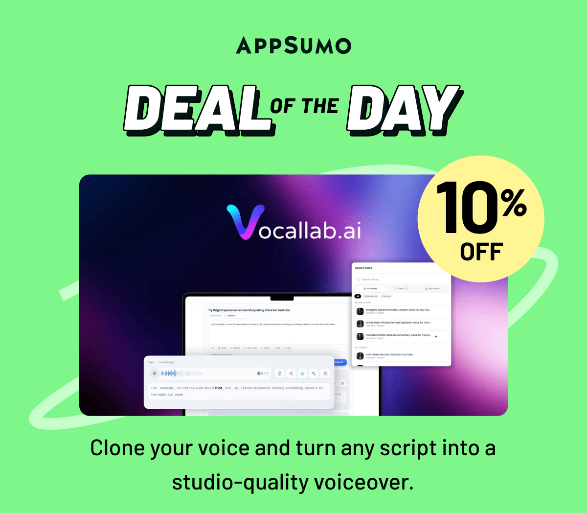 Deal of the Day: Cleanlist AI. Clone your voice and turn any script into a studio-quality voiceover.